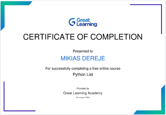 Certificate of Completion: Python List